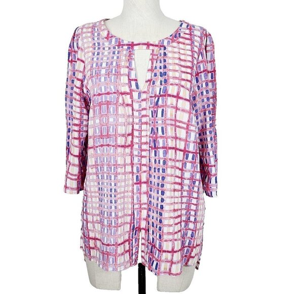 Plenty Tracy Reese Top M Red Blue‎ Geometric 3/4 Sleeve Keyhole Neckline … - Picture 1 of 6